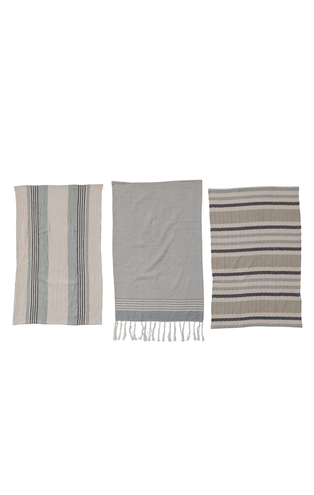 Woven Cotton Tea Towels w/ Stripes, Jute & Wood Bead Tie, 3 Styles, Set of 3