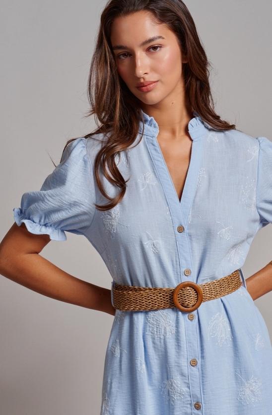 Embroidered Linen Blend Button Front Midi Dress (Blue)