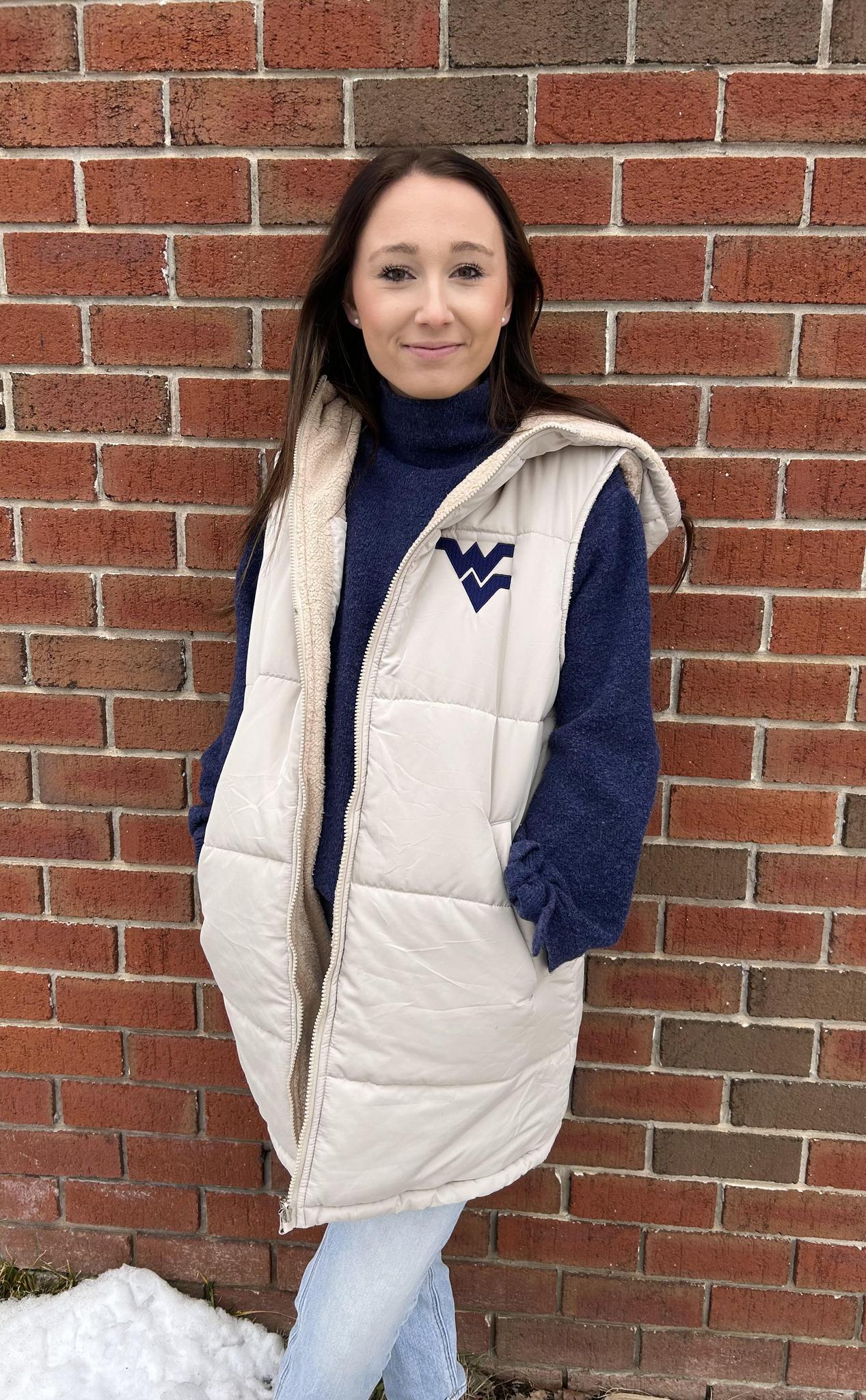 WVU Longline Hooded Faux Fur Puffer Vest (Beige)