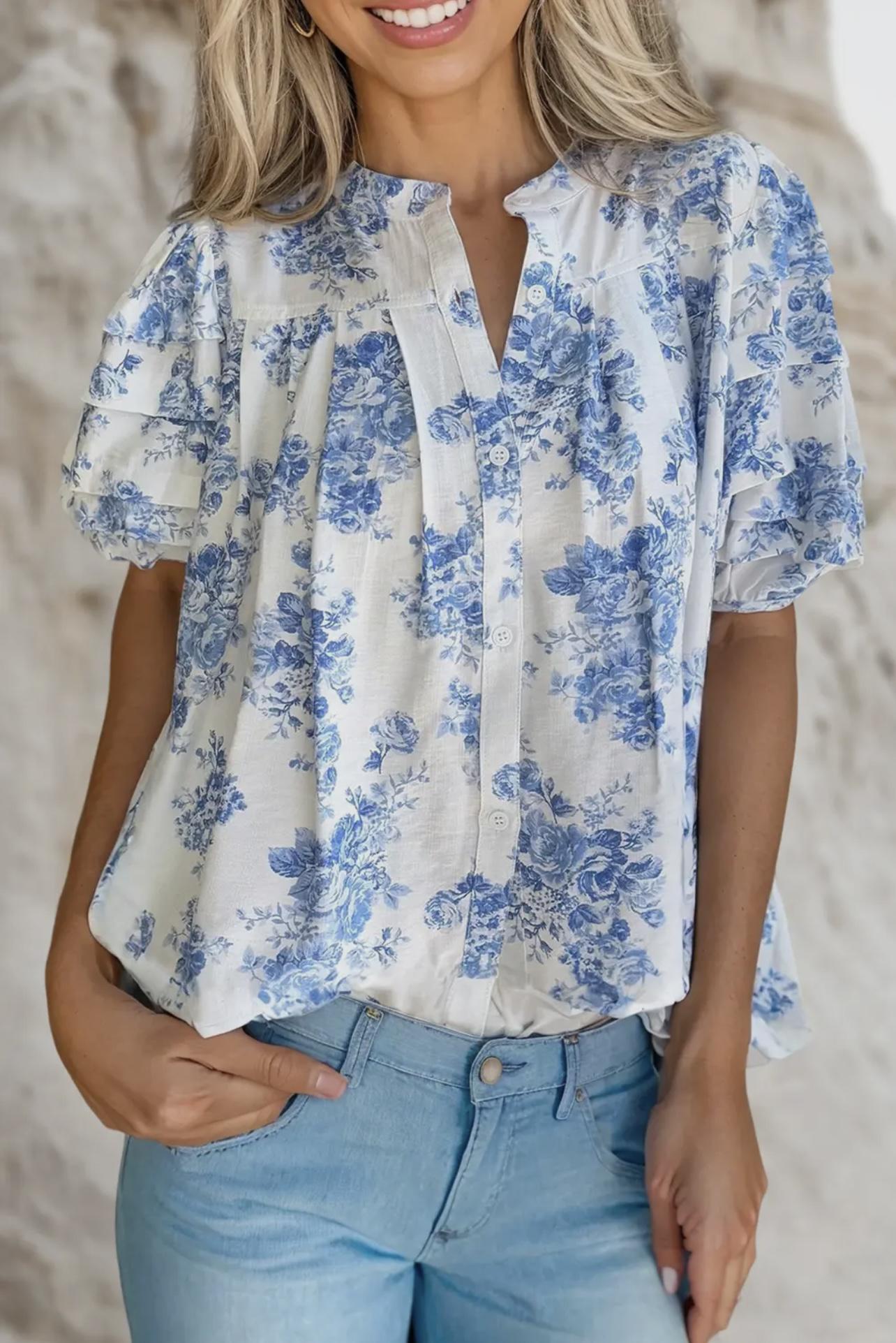 Boho Floral Pleated Puff Sleeve Button Up Shirt