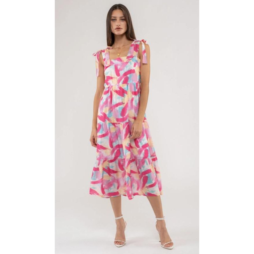 Brush Stroke Print Tiered Midi Dress (Fuchsia Multi)