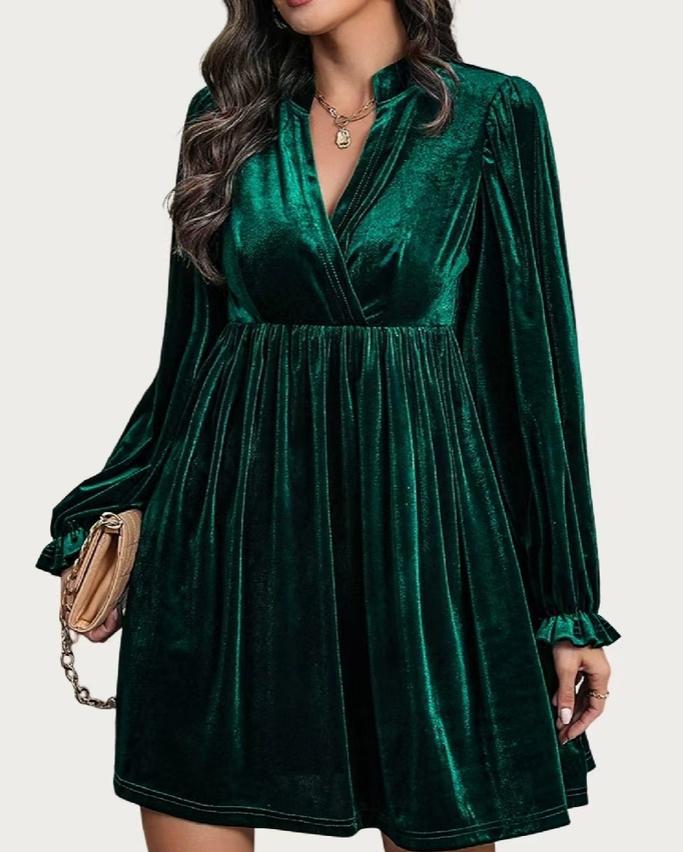 Charming Cutie Velvet Surplice Neck Relax Fit Mini Dress (Dark Green)