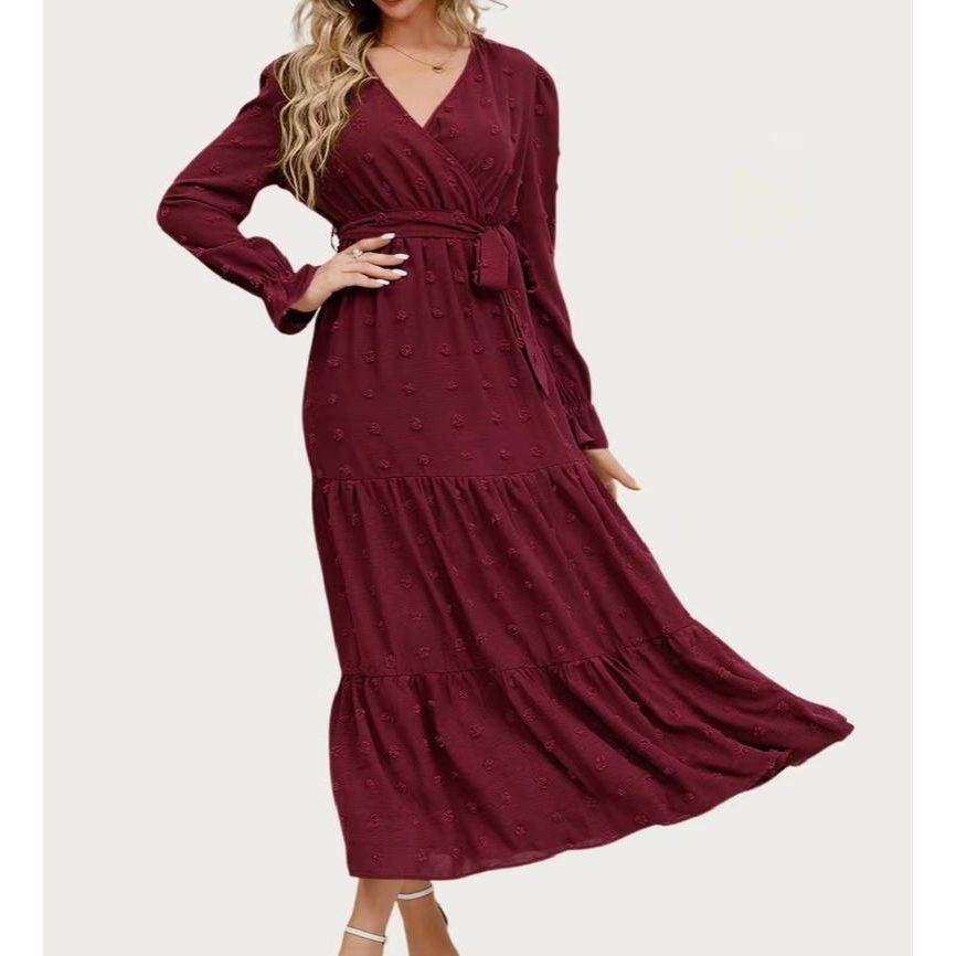 Classic Swiss Dot Surplice Neck Long Sleeve Maxi Dress (Burgundy)