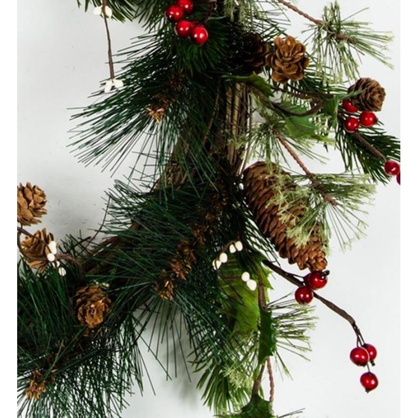 Holly, Red Berry, Pine Cone and Pine Wreath On Twig Base