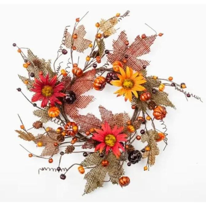 6.5 in. Burlap Leaf Candle Ring with Pumpkins, Berries, Pine
