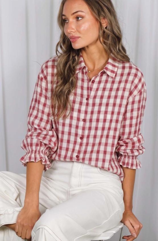Ruffle Cuffs Accent Charming Plaid Shirt (Burgundy)
