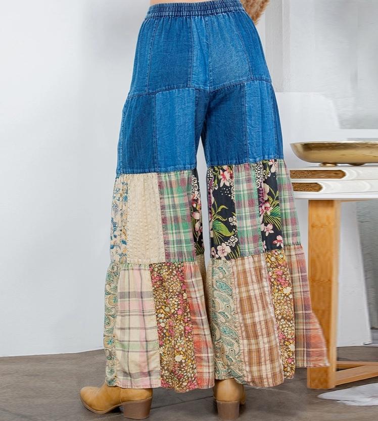 Boho Tiered Patchwork Denim & Lace Wide-Leg Pants (Denim)