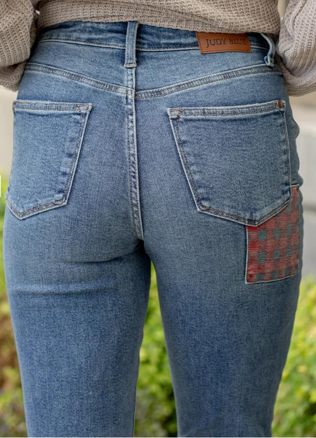 Judy Blue Plaid Patch High Rise Straight Leg