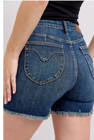 Judy Blue Tummy Control Fray Hem & Shield Back Pockets Denim Shorts