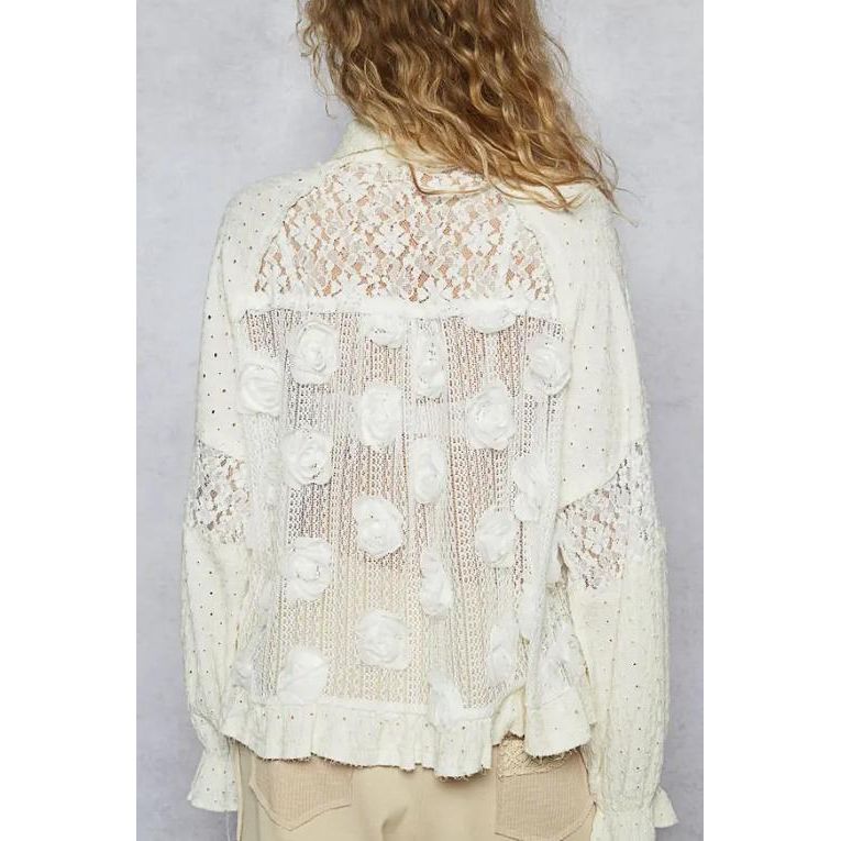 Long Balloon Sleeve Flower Detail Button Down Shirt Top (Ivory)