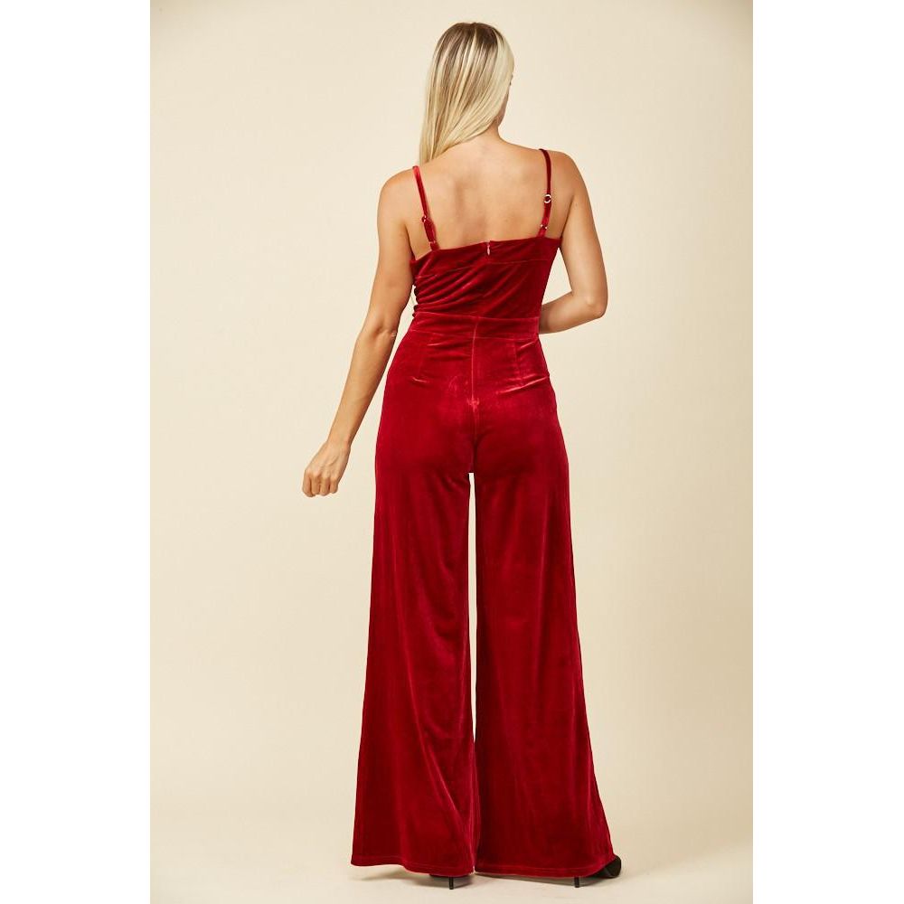 Structured V-Trim Velvet Jumpsuit (Wine)