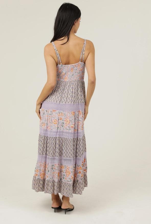 V Neck Lace Trim Mix Print Maxi Dress (Lavender)