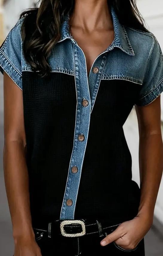 Textured Knit Denim Patchwork Collar Shirt