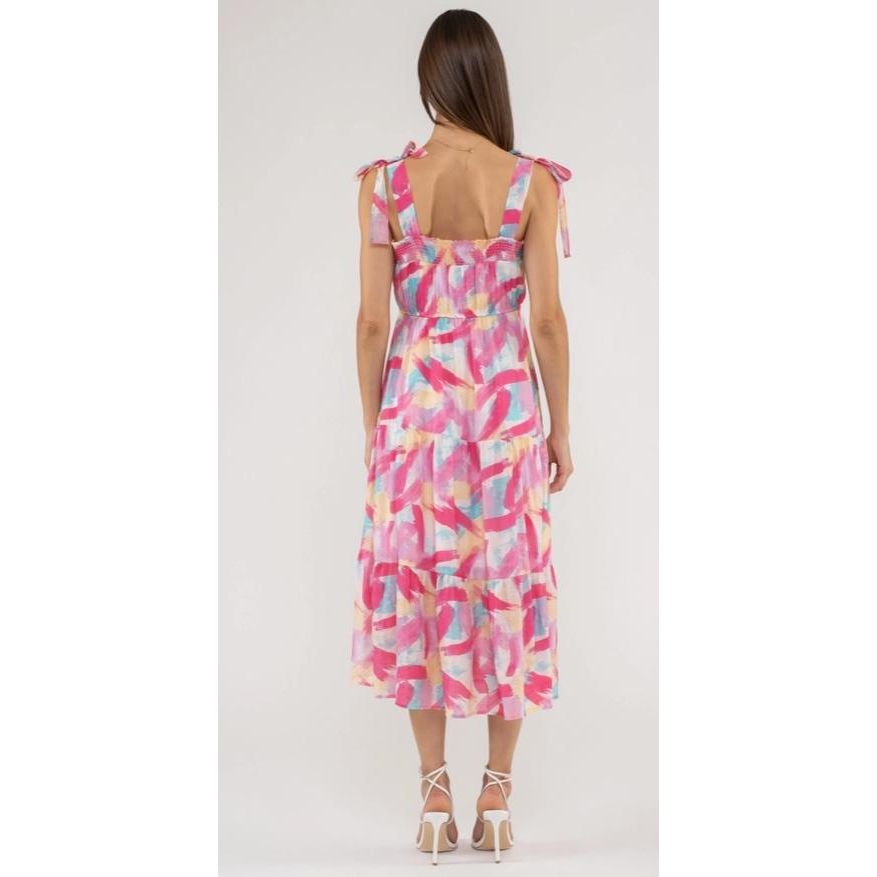 Brush Stroke Print Tiered Midi Dress (Fuchsia Multi)