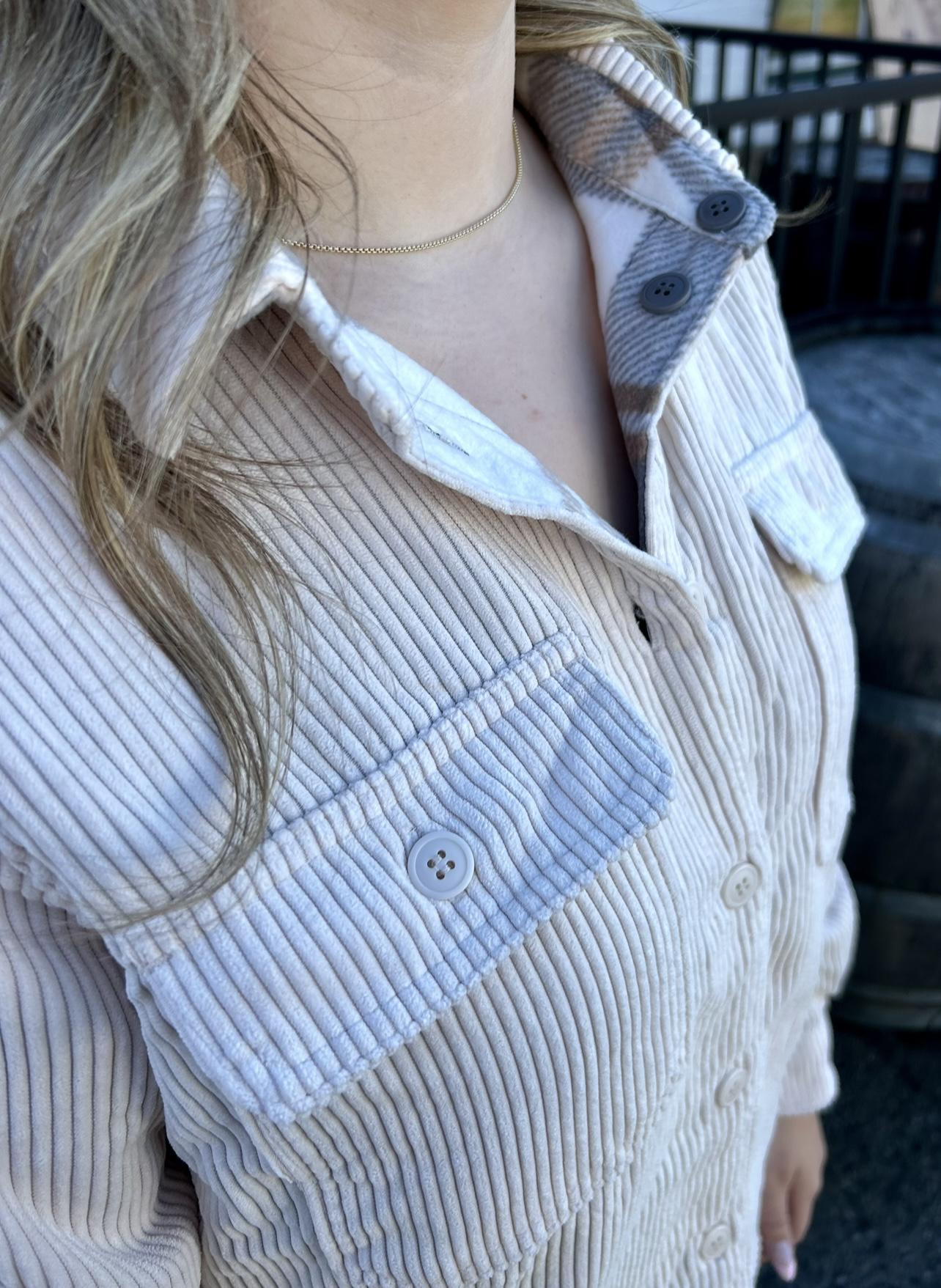 Plaid Lined Corduroy Flannel Shacket (Cream)