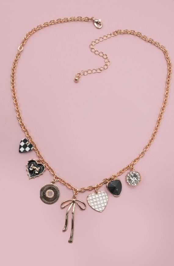 Charm Necklace-Bow Checker Heart Rhinestone