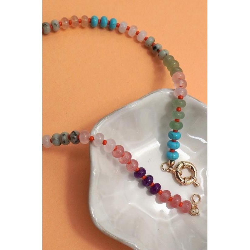 Natural Stone Charm Spring Clasp Beaded Necklace