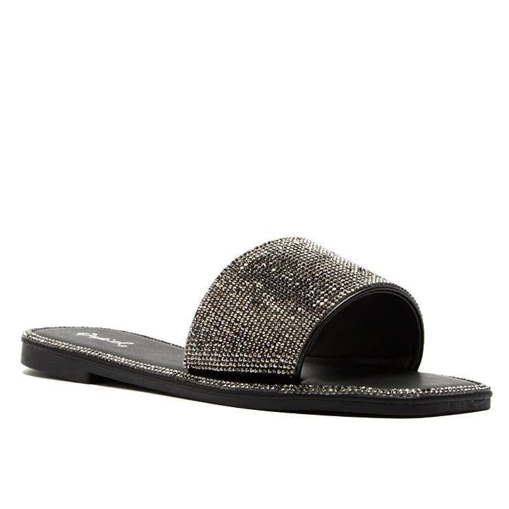Afia Flat Sandal (Pewter/Black Rhinestone)