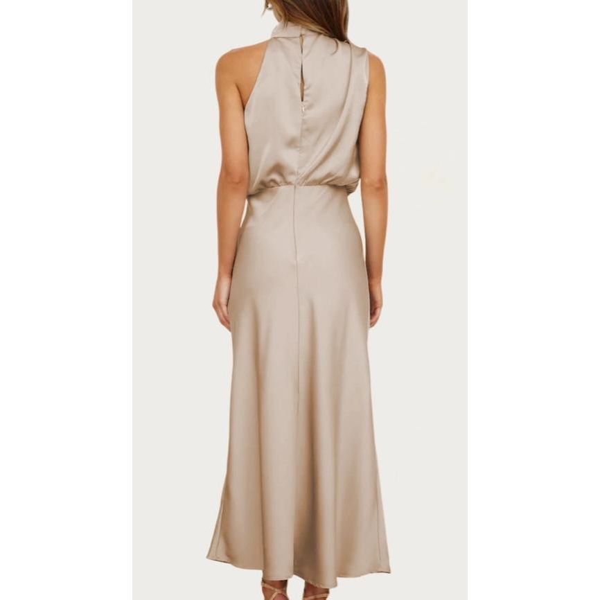 One-Shoulder Halter Formal Midi Dress (Apricot)