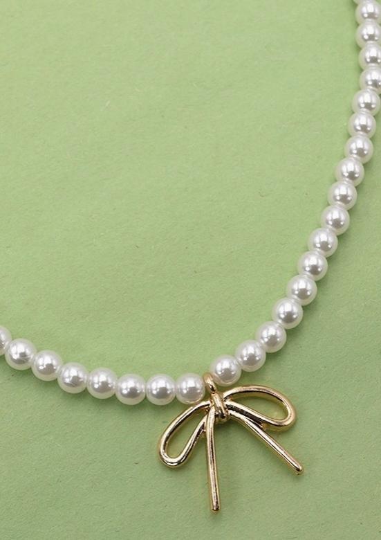Pearl Chain Bow Charm Necklace