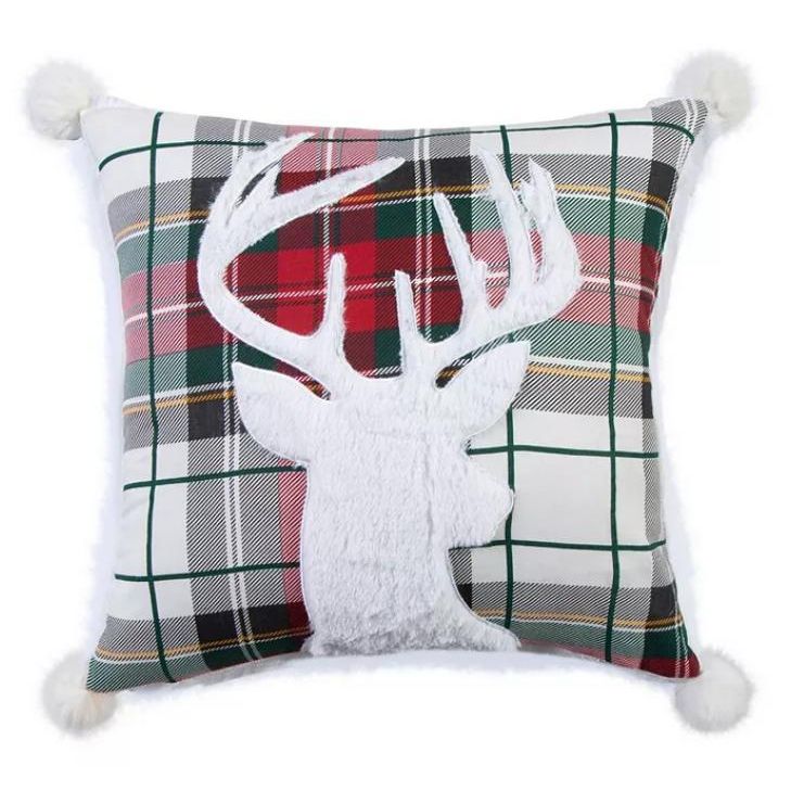 Spencer Plaid Deer Fur Pom Pillow