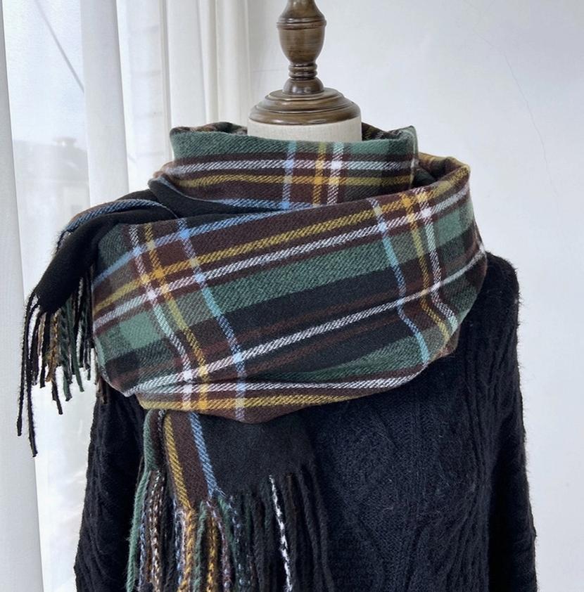 Plaid Winter Scarf-Vintage Tassel Shawl