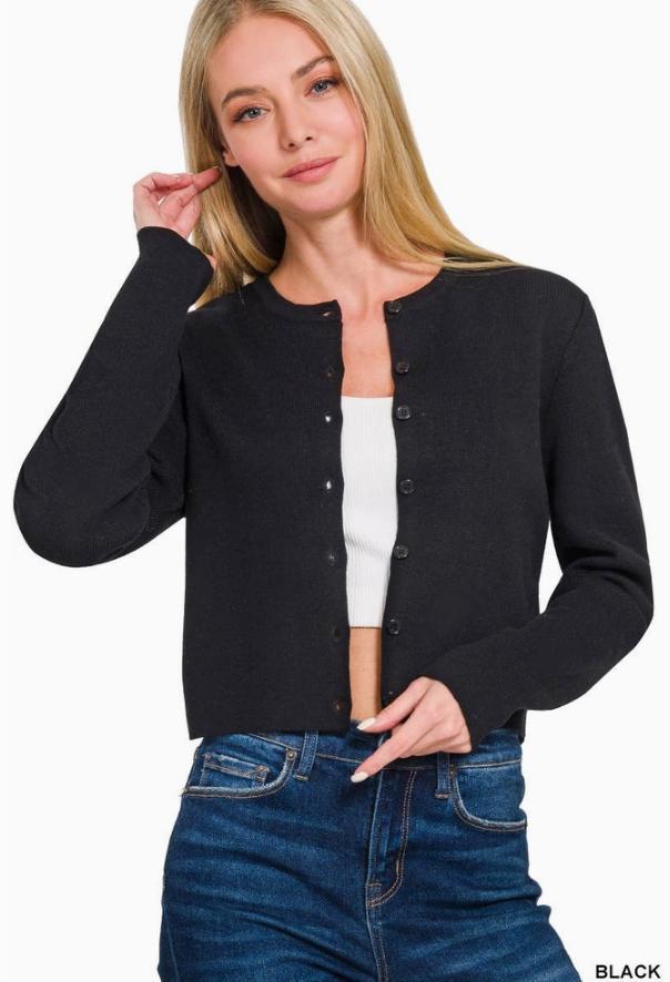 7 Button Crewneck Long Sleeve Cardigan (Black)