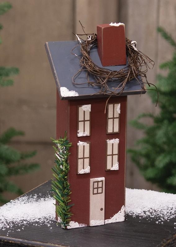 Wooden Snowy Red Saltbox House - 11.5"H
