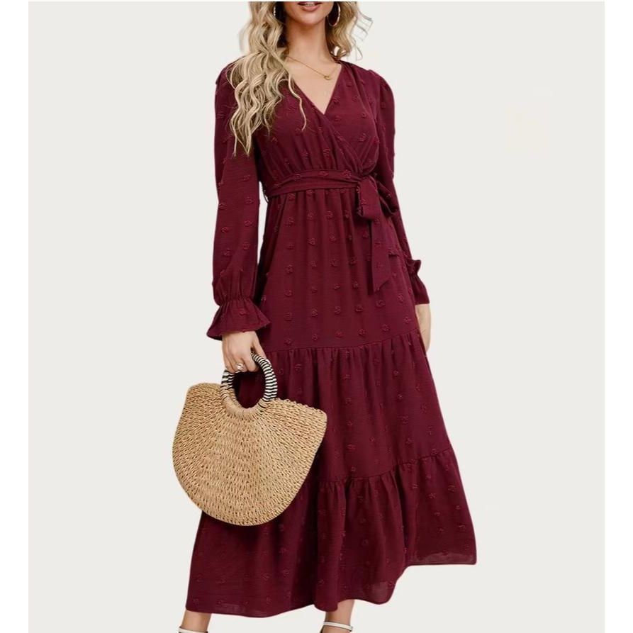 Classic Swiss Dot Surplice Neck Long Sleeve Maxi Dress (Burgundy)