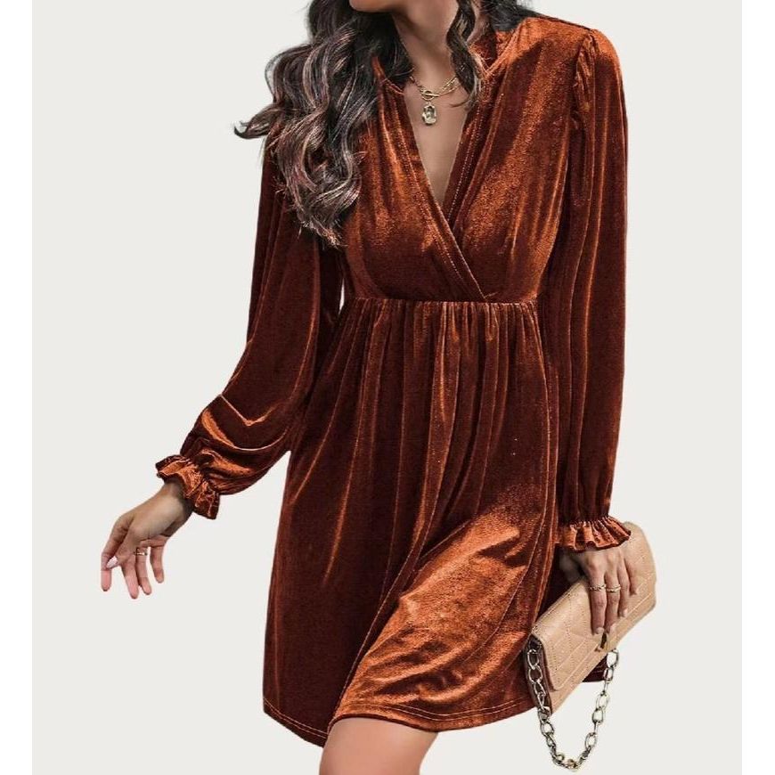 Charming Cutie Velvet Surplice Neck Relax Fit Mini Dress (Brown Orange)