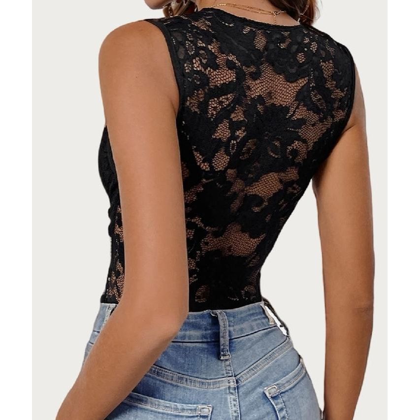 Catch Up Soft Floral Lace Sheer Sleeveless Bodysuit (White)