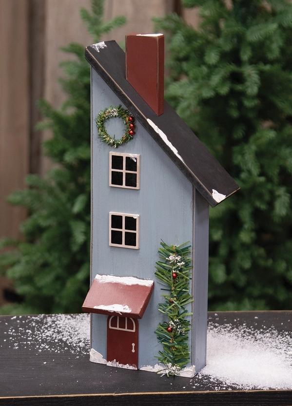 Wooden Snowy Blue Slant Roof Saltbox House - 14.25"H