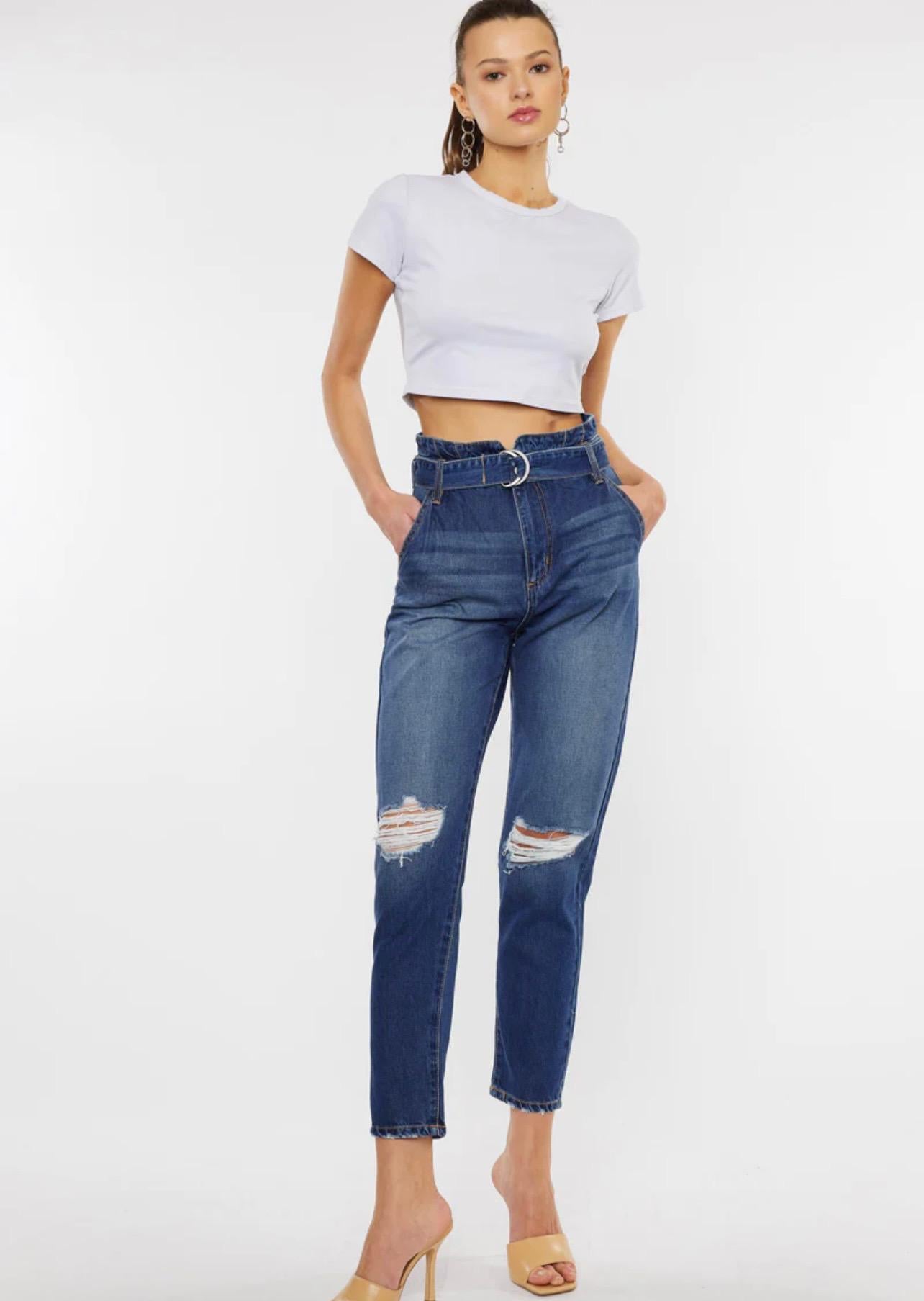 KanCan Blossom Ultra High Rise Belted Mom Jeans (Dark Wash)