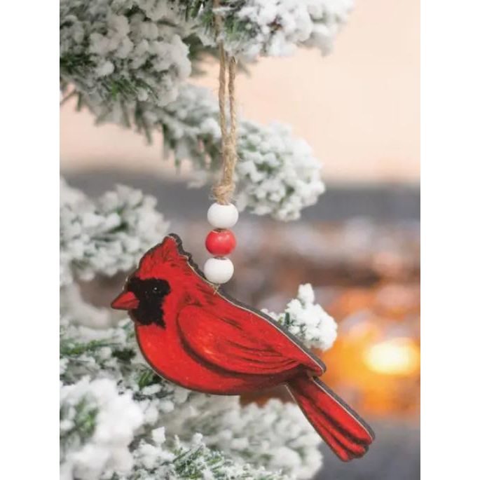 Wooden Cardinal Christmas Ornament W/Beaded Jute Hanger