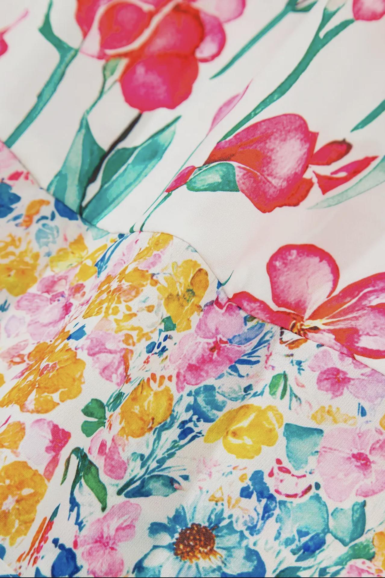 Floral Print Striped Detail Split Neck Blouse