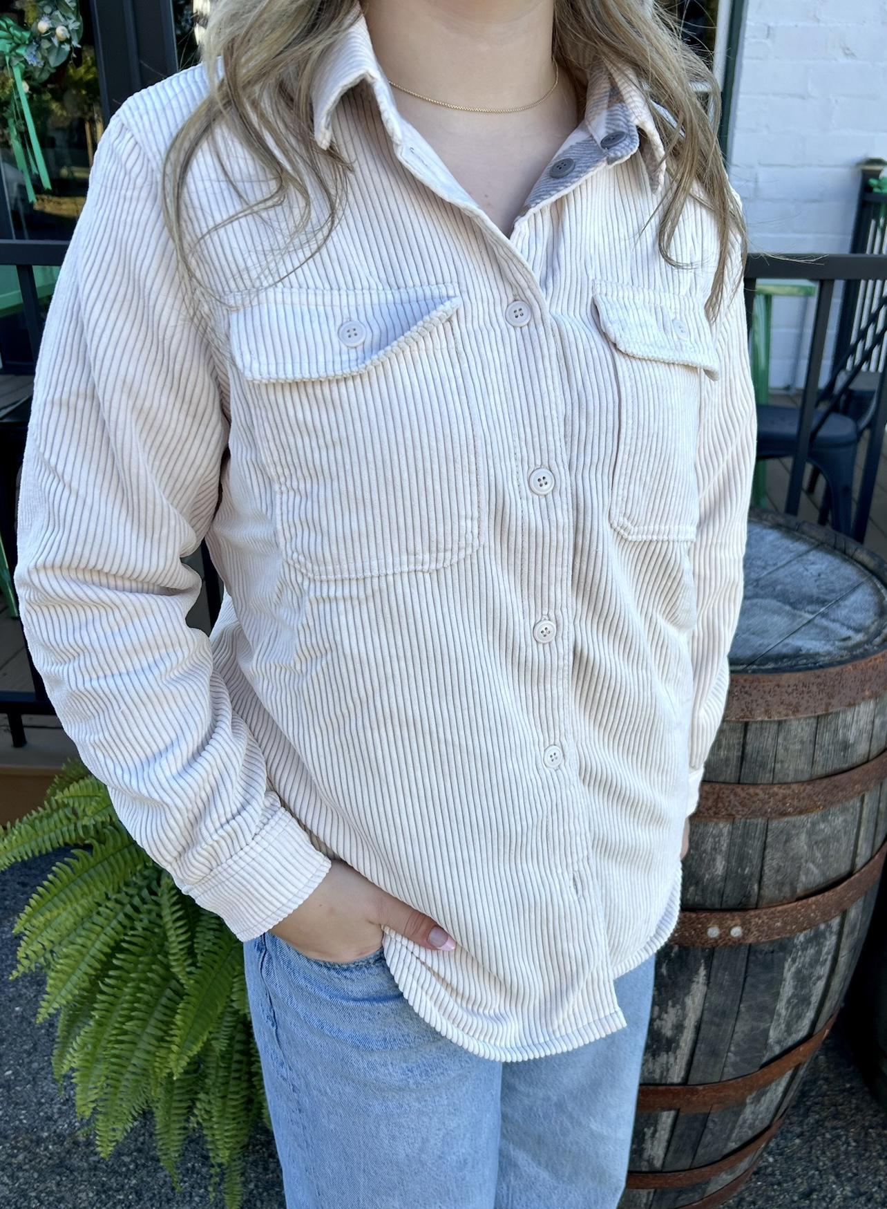 Plaid Lined Corduroy Flannel Shacket (Cream)