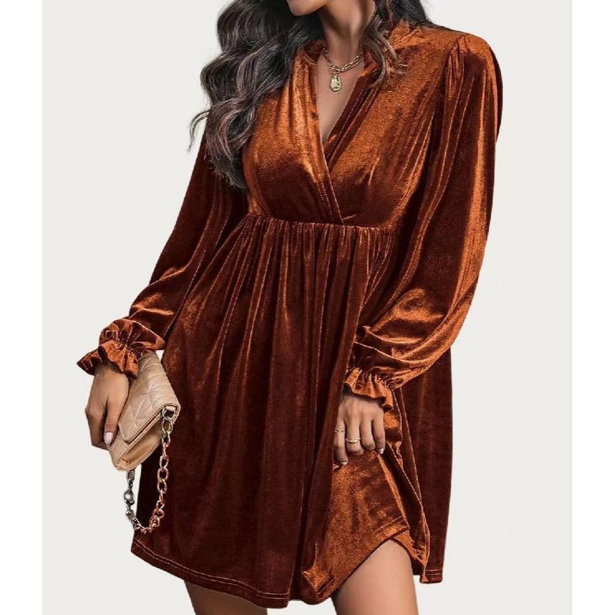 Charming Cutie Velvet Surplice Neck Relax Fit Mini Dress (Brown Orange)