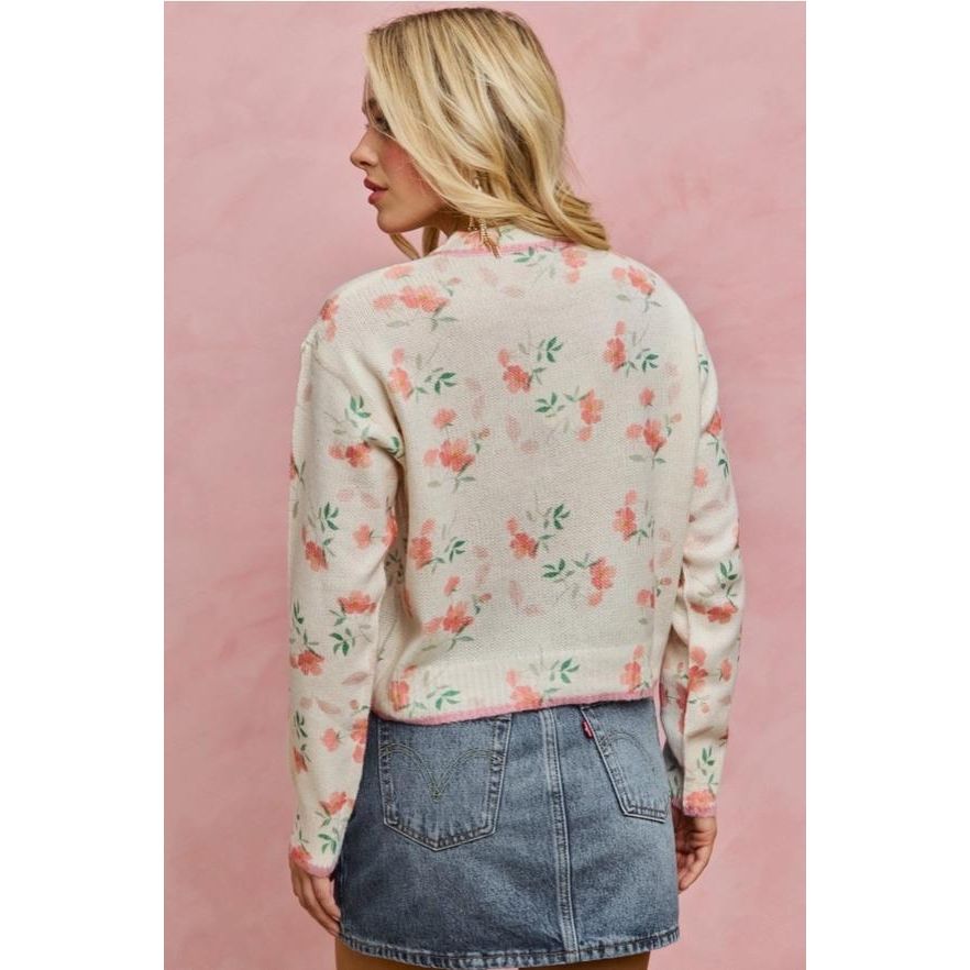Floral Sweater Cardigan with Contrast Color (Cream Multi)