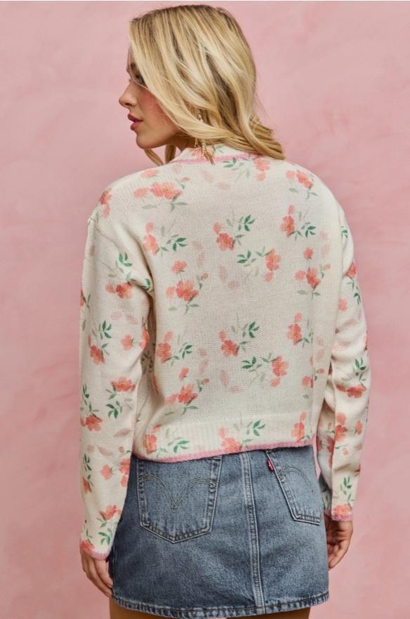 Floral Sweater Cardigan with Contrast Color (Cream Multi)