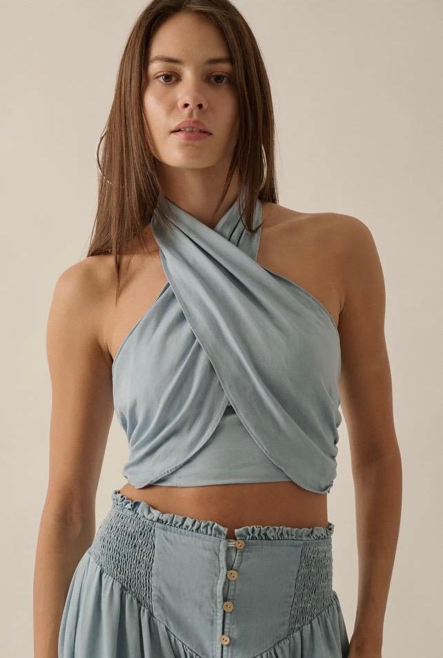 Solid Denim Cropped Wrapped Halter Top