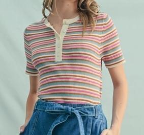 Multi-Striped Button-Up Knit Top (Teal/Pink)