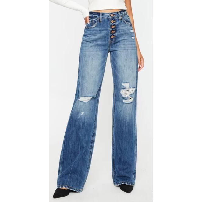 KanCan Ultra High Rise Exposed Button 90's Flare Medium Wash Jeans
