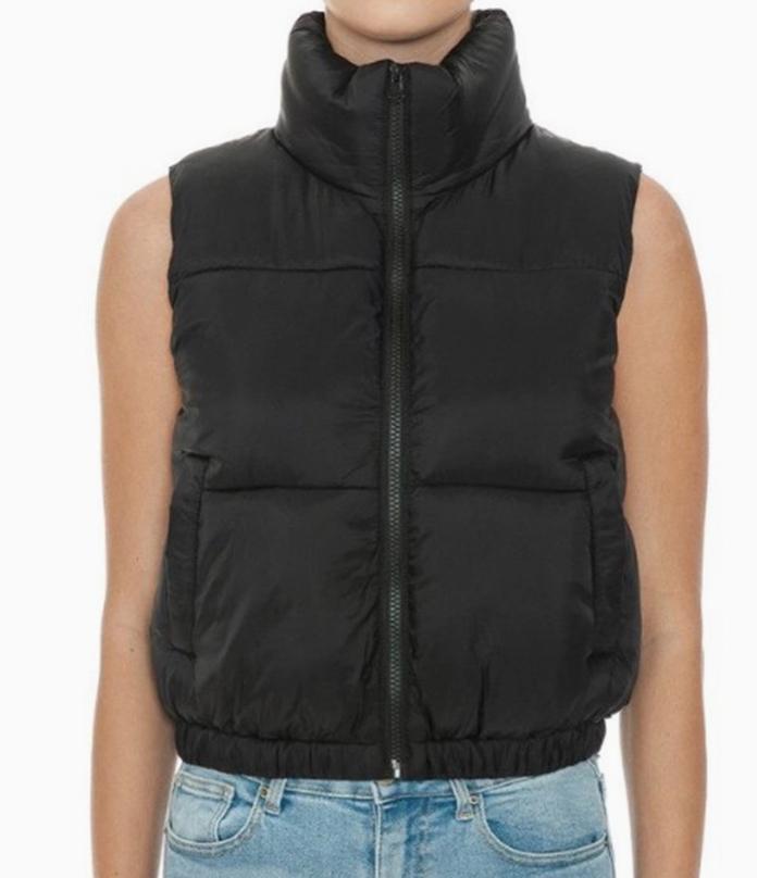 Nylon High Neck Faux Down Puffer Vest (Black)