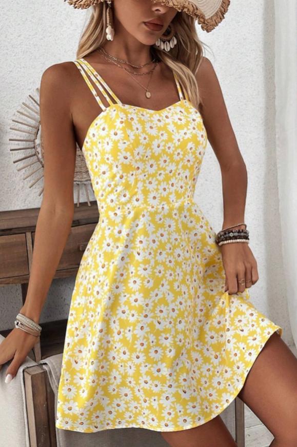 Short Waistline Yellow Floral Print Halter Dress