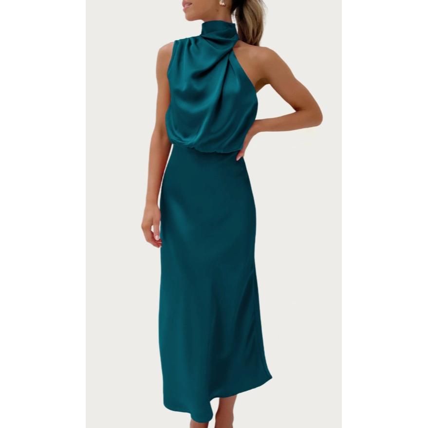One-Shoulder Halter Formal Midi Dress (Peacock Blue)