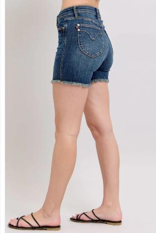 Judy Blue Tummy Control Fray Hem & Shield Back Pockets Denim Shorts