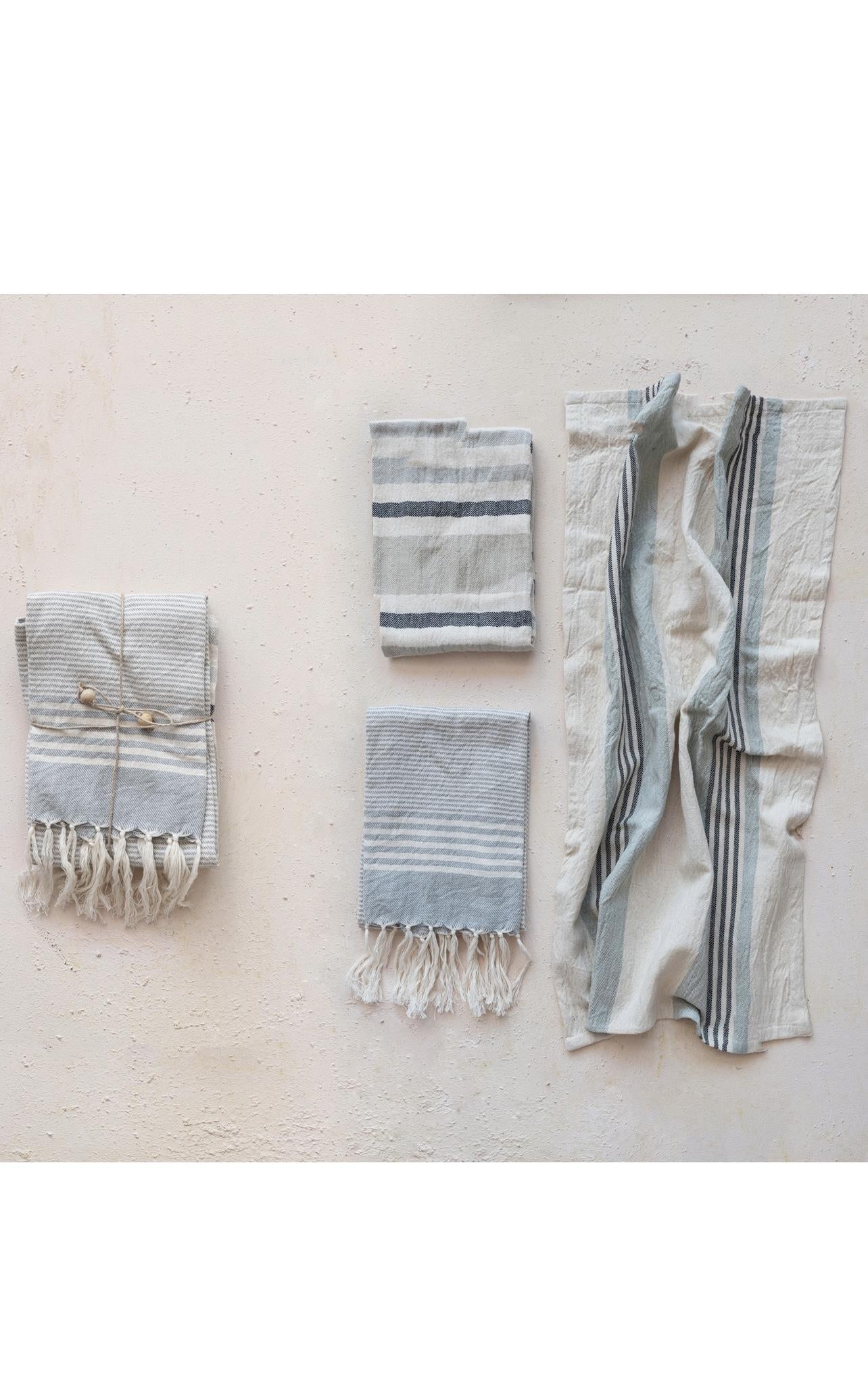 Woven Cotton Tea Towels w/ Stripes, Jute & Wood Bead Tie, 3 Styles, Set of 3