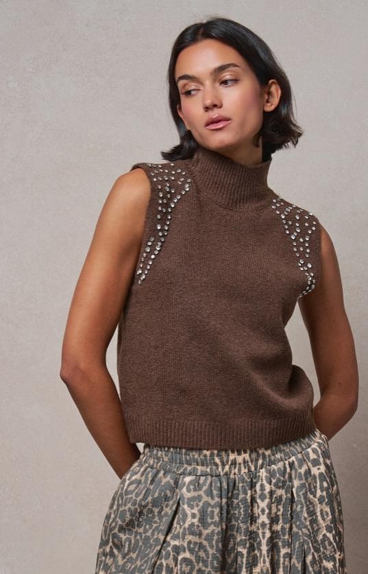 Crystal Embellished Sleeveless Mock Neck Knit Top (Mocha)