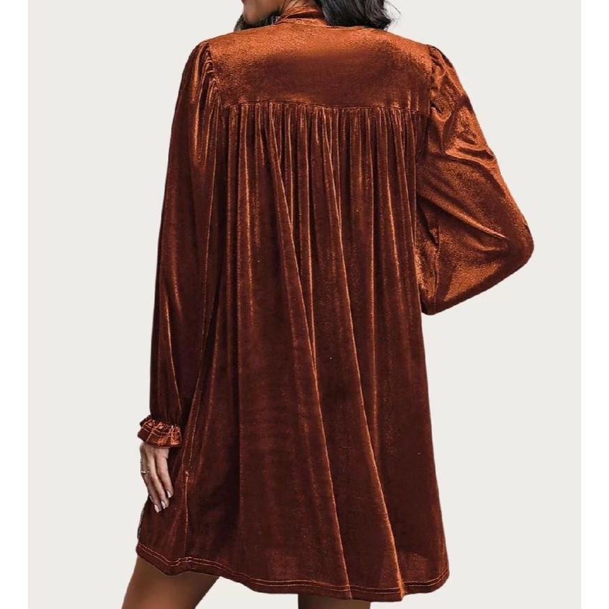 Charming Cutie Velvet Surplice Neck Relax Fit Mini Dress (Brown Orange)