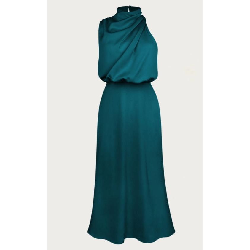 One-Shoulder Halter Formal Midi Dress (Peacock Blue)